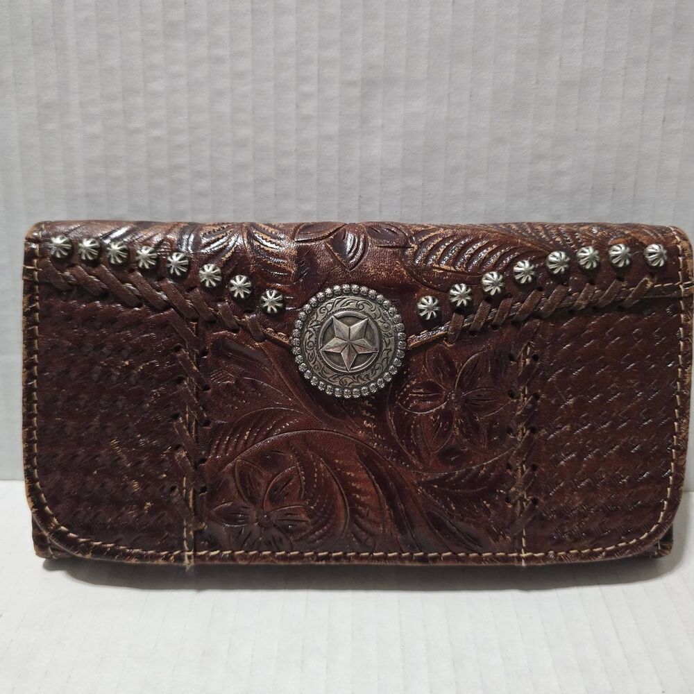 American West Tooled Leather Wallet Bi-Fold Brown Floral Studded Western Cowgirl